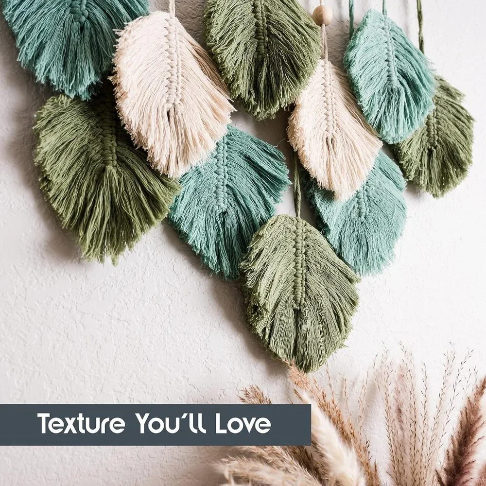 Macrame Boho Indie Farmhouse Teal/Blue/Green/Cream Feather Wood Bead Wall Decor - Picture 3 of 8